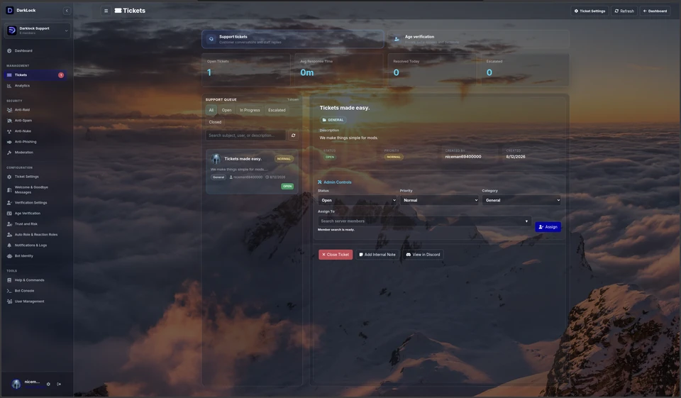 Darklock ticket dashboard with support and verification queues beside a demonstration conversation.